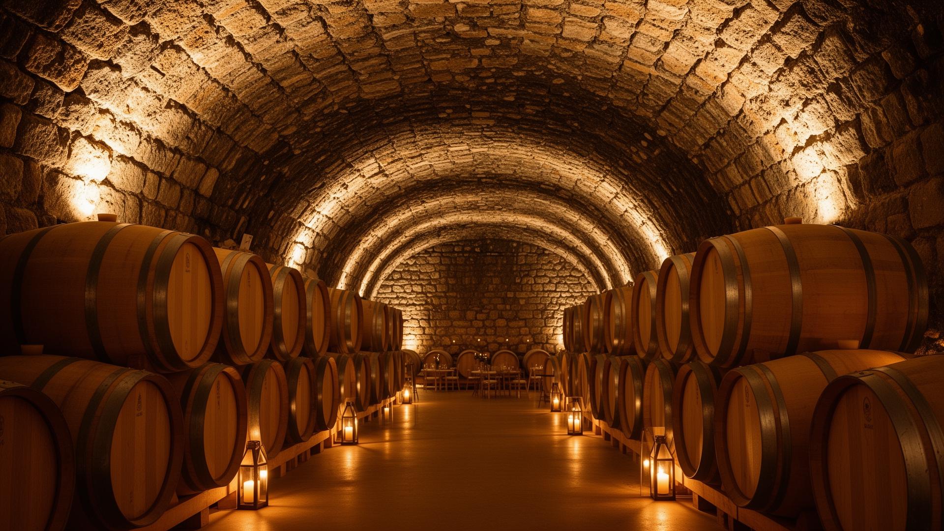calado de bodega riojana con barricas de roble iluminadas