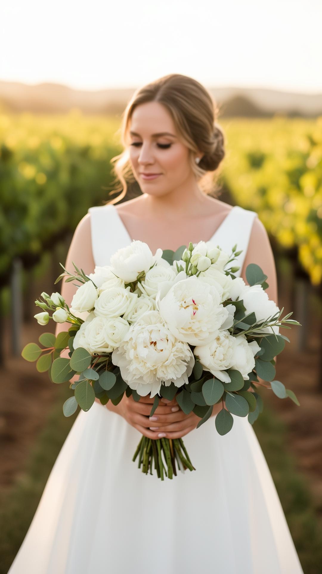 novia con ramo de flores blancas en viñedo de La Rioja al atardecer